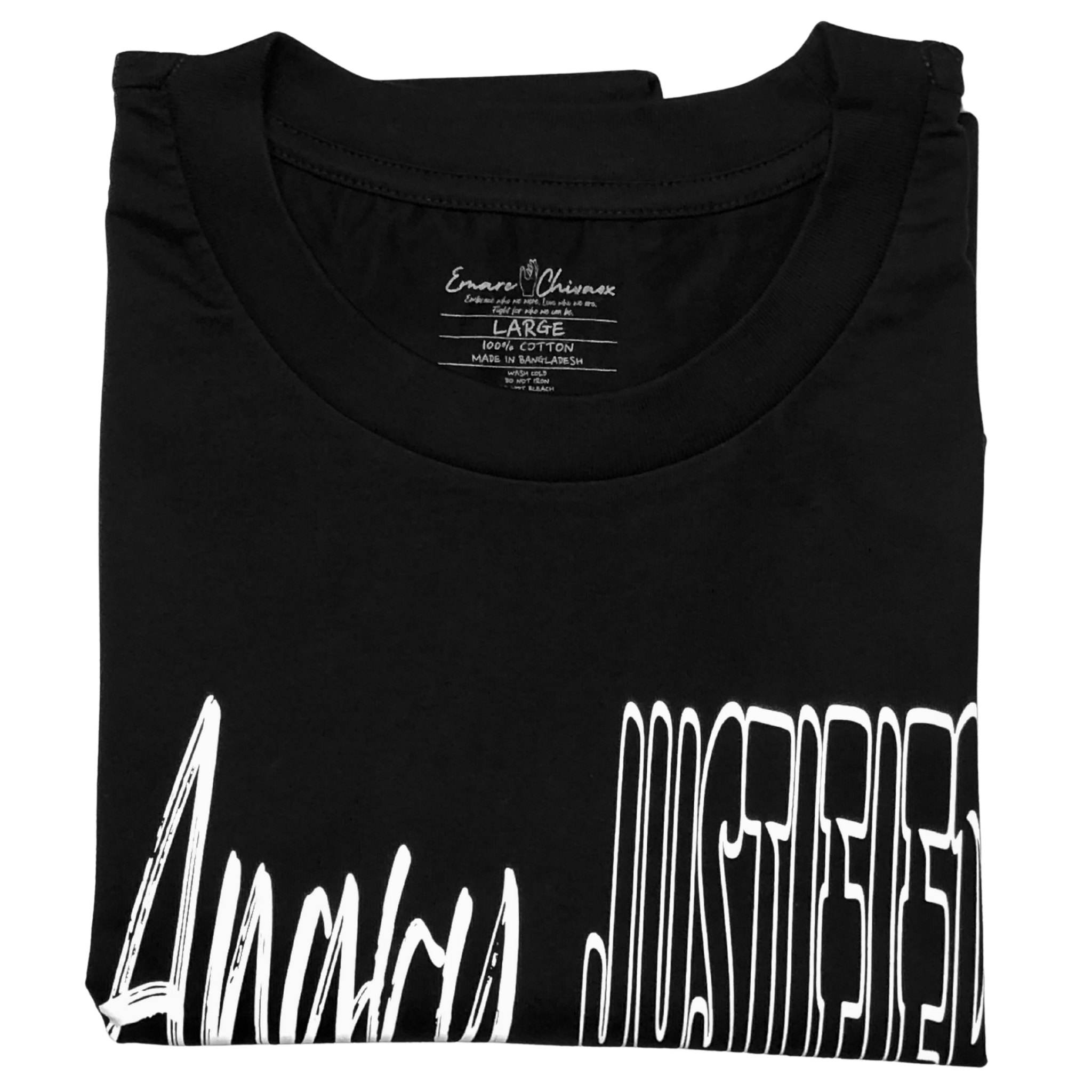 Front of black t-shirt folded with "Angry Justified" white text on a white background