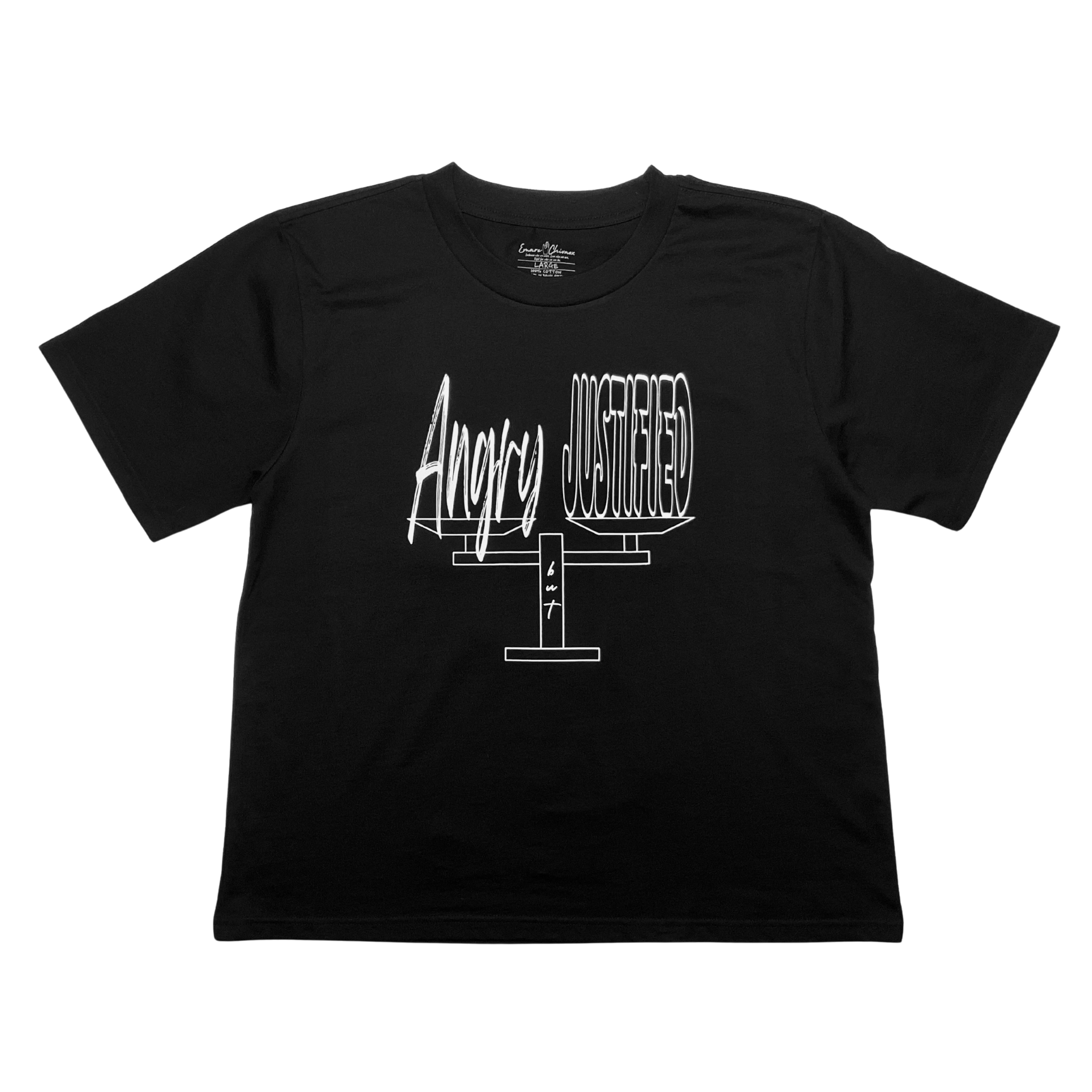Front of black t-shirt with white graphic design of a balance scale with "Angry but Justified" white text design on a white background
