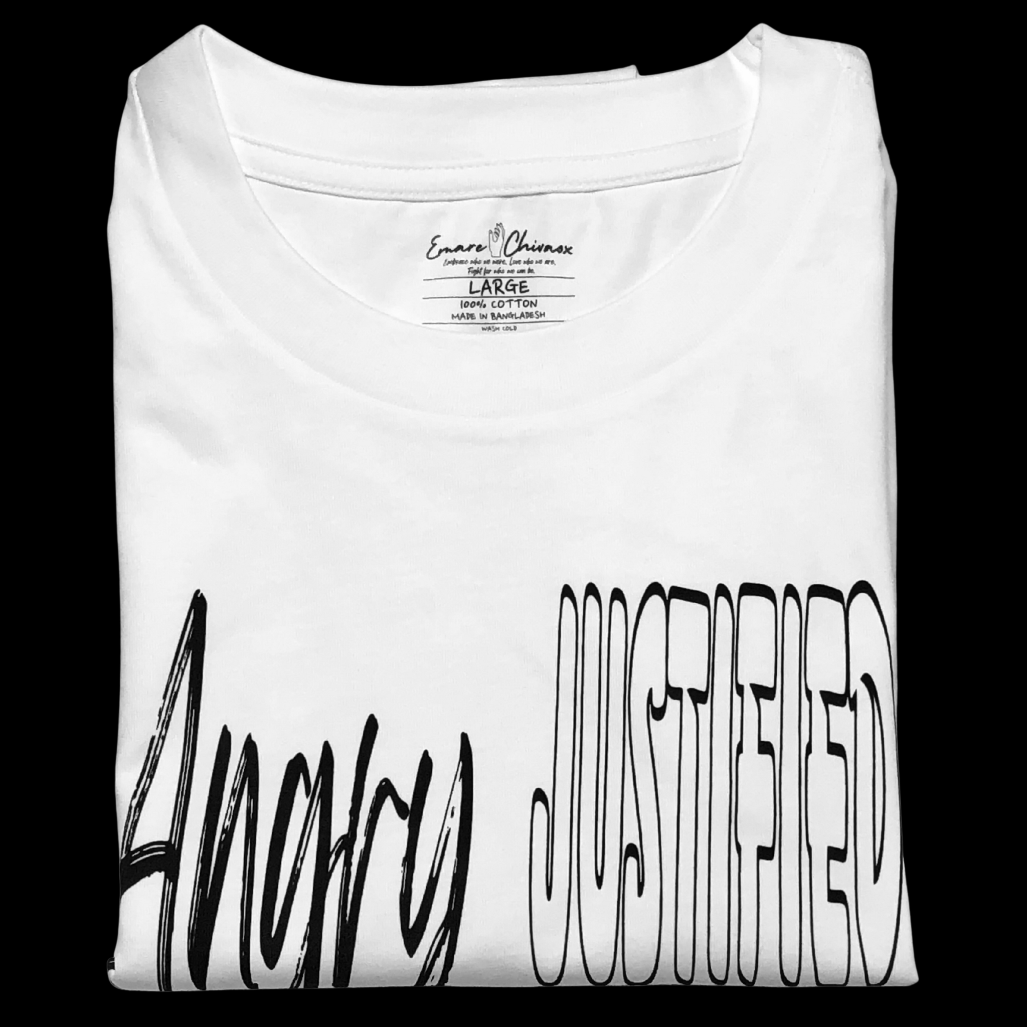 Front of white t-shirt folded with "Angry Justified" black text design on a black background