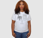 Woman wearing a white t-shirt with black 'Angry but Justified' graphic design, standing against a gray background.
