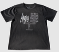 The front of a black t-shirt with white 'Angry but Justified' graphic design on a gray background.