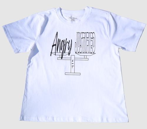 The front of a white t-shirt with black 'Angry but Justified' graphic design on a gray background.