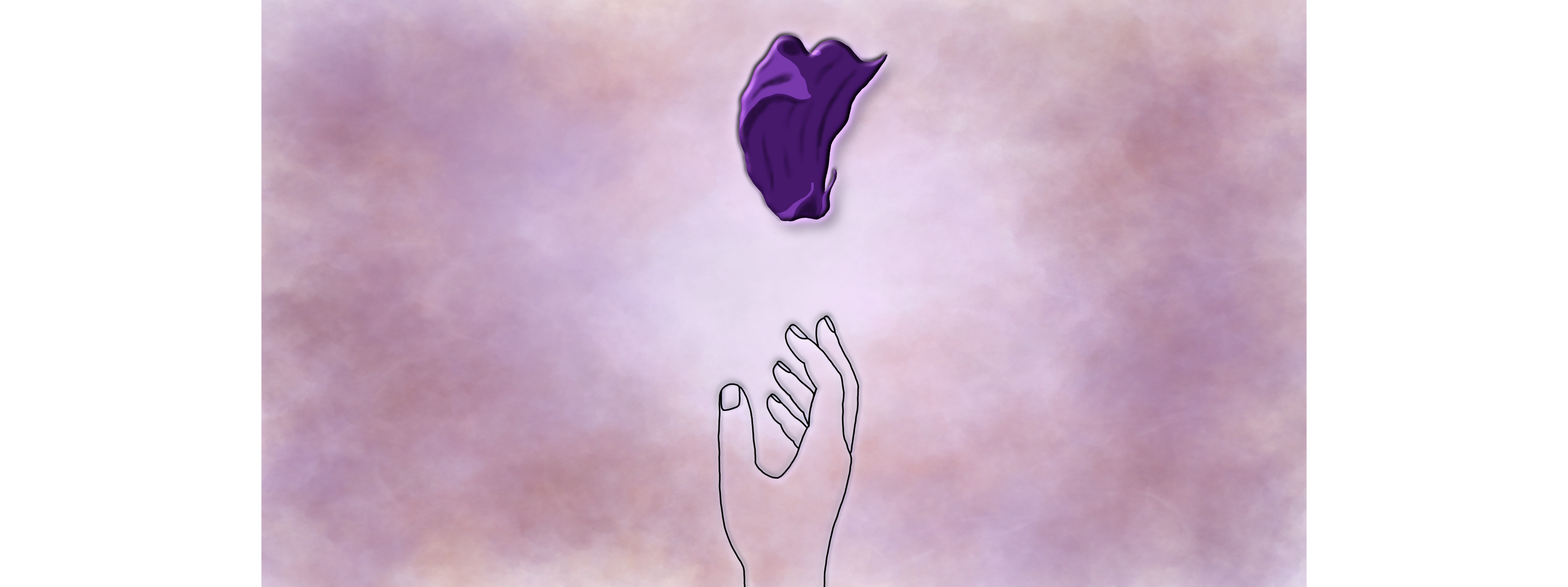 Black Outline of a Hand slightly opened pointed upwards and a Purple Cape floating against a pink and purple gradient background