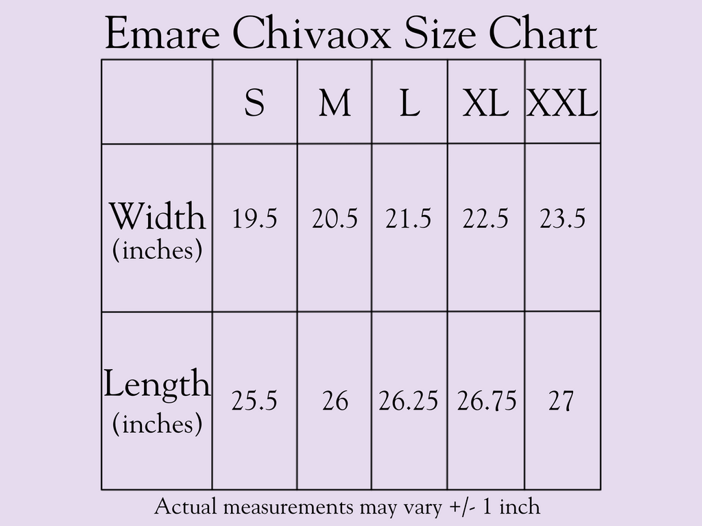 Emare Chivaox Size Chart with measurements in inches on a light purple background with black text