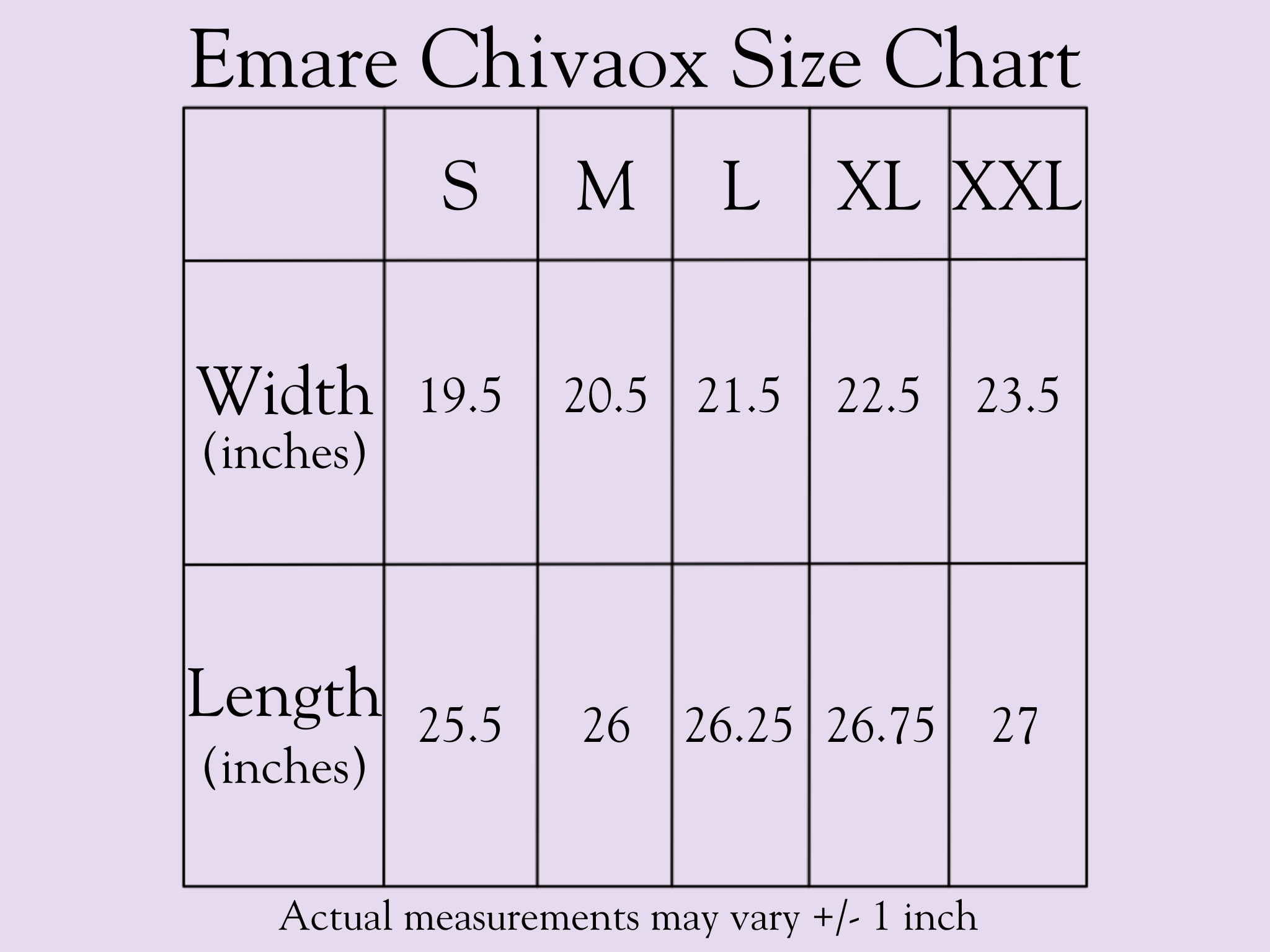 Emare Chivaox Size Chart with measurements in inches on a light purple background with black text