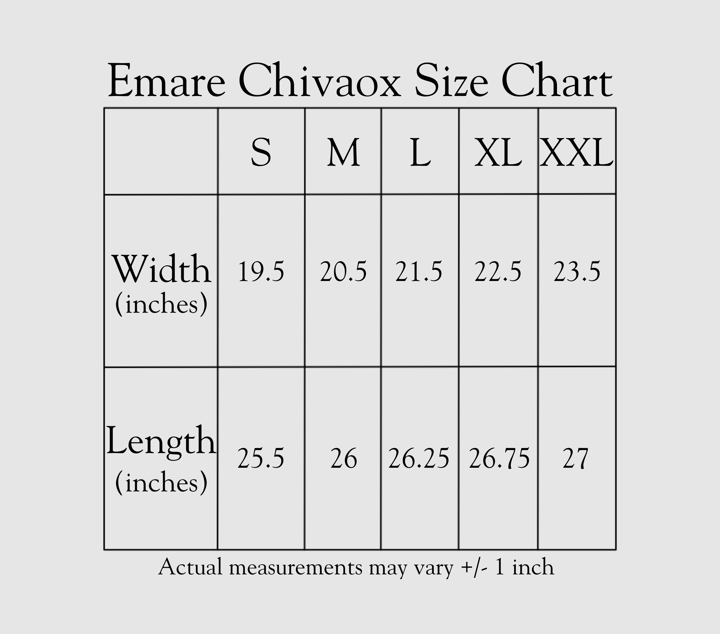 Emare Chivaox Size Chart with measurements in inches on a gray background with black text.
