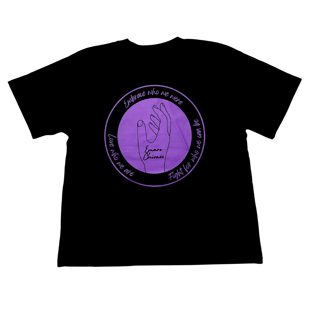 Back of black t-shirt with a purple circular design featuring logo and text on a white background