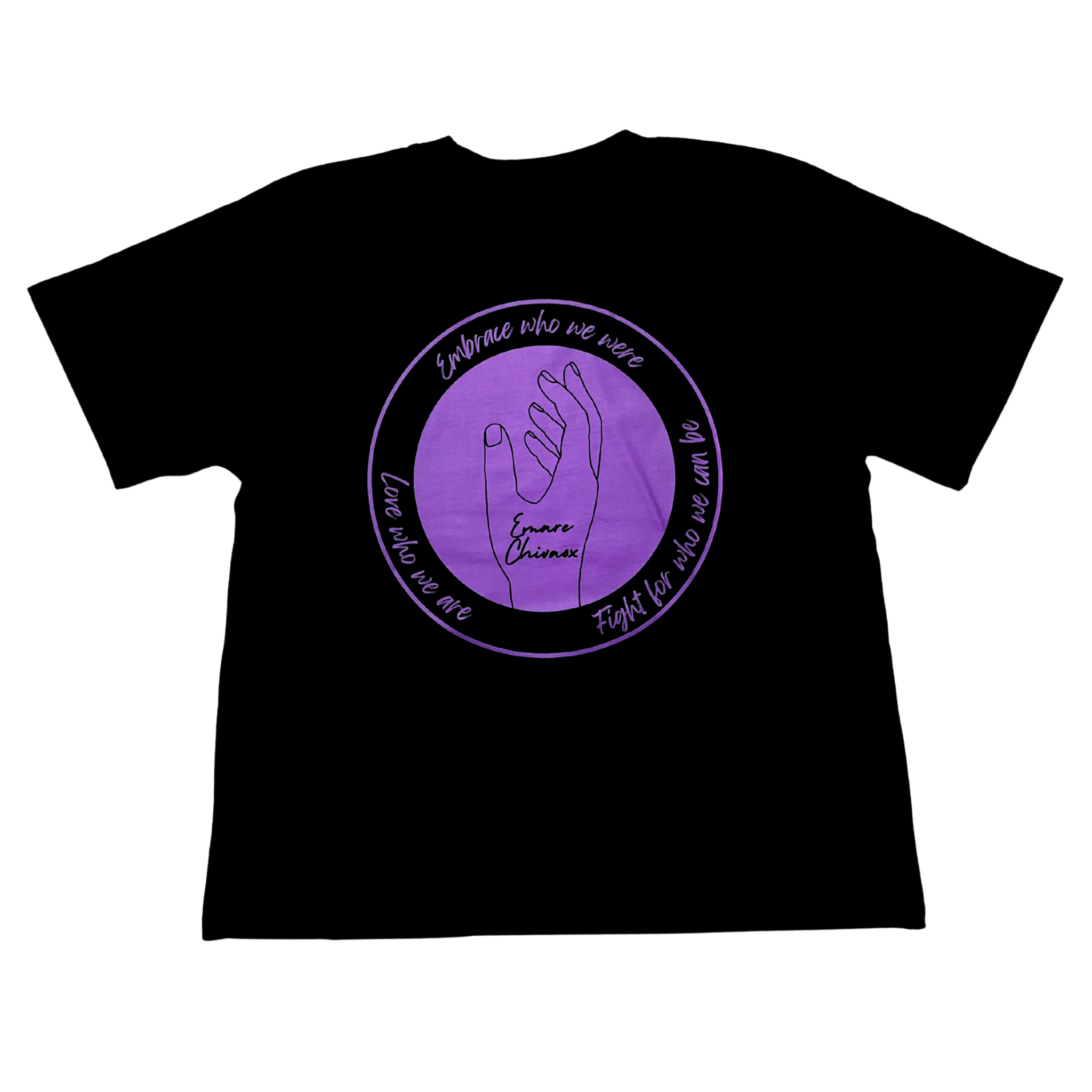 Back of black t-shirt with a purple circular design featuring logo and text on a white background