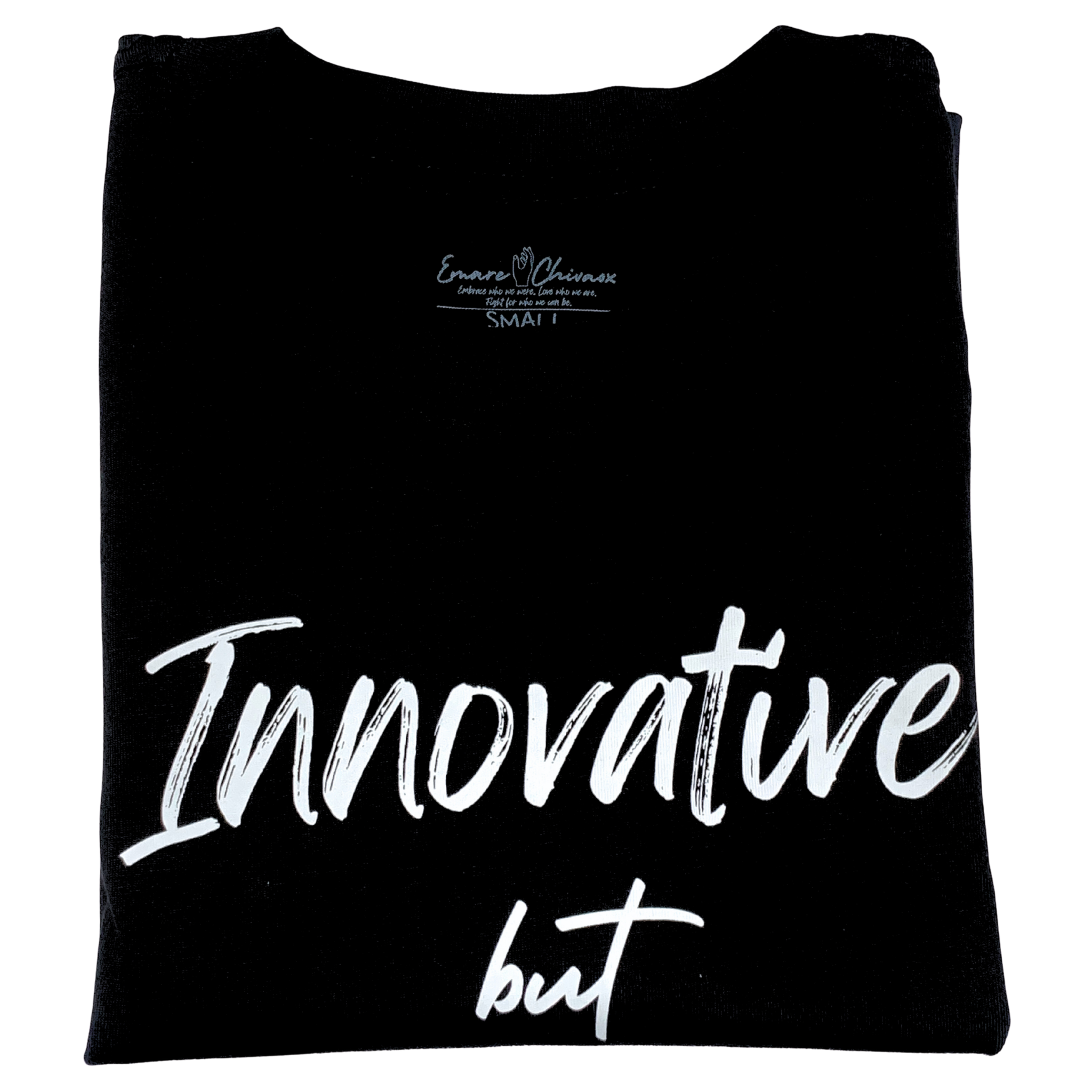 Front of black t-shirt folded with "Innovative but" white text design on a white background
