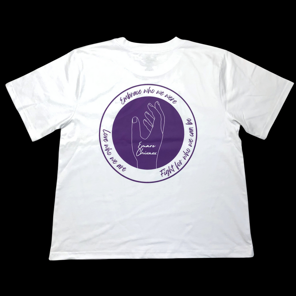 Back of white t-shirt with a purple circular design featuring logo and text on a black background