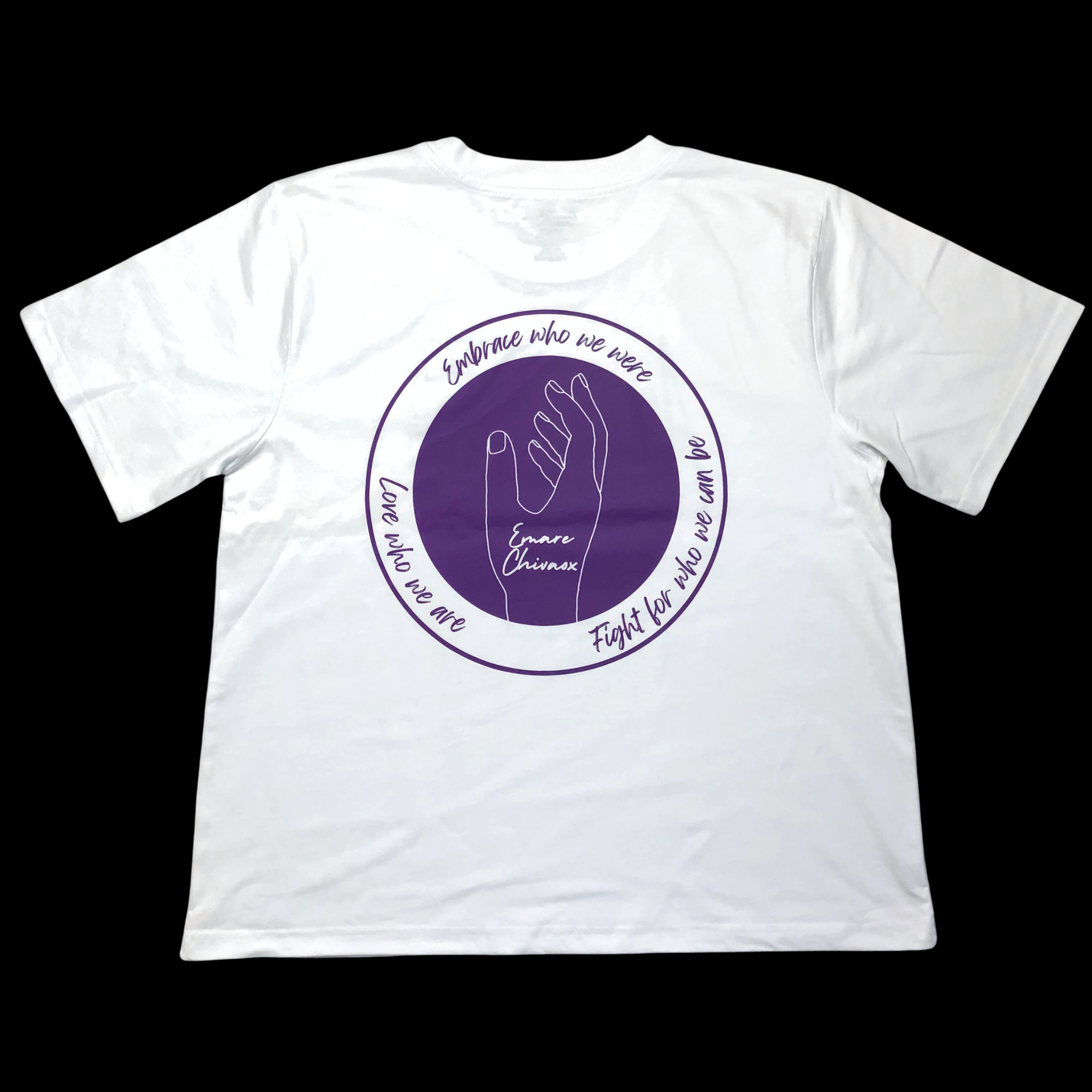 Back of white t-shirt with a purple circular design featuring logo and text on a black background