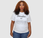 Woman wearing a white t-shirt with black 'Innovative but Appropriated' graphic design, standing against a gray background.