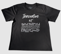The front of a black t-shirt with white 'Innovative but Appropriated' graphic design on a gray background.