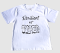 The front of a white t-shirt with black 'Resilient but Tired' graphic design on a gray background.