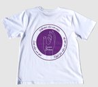 The back of a white t-shirt with a purple graphic design featuring the outline of a hand and text on a gray background.
