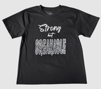The front of a black t-shirt with white 'Strong but Breakable' graphic design on a gray background.