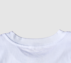 Zoomed in view of the back collar of a white t-shirt on a gray background.