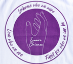 Zoomed in view of the back of a white t-shirt with a purple graphic design featuring the outline of a hand and text.
