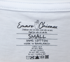 Custom next tag on a white t-shirt with black text featuring Emare Chivaox logo and slogan, shirt size, material, country of origin, and care instructions.